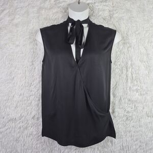 Theory Womens M Black 100% Silk Satin Wrap V Tie Neck Relaxed Top Quiet Luxury